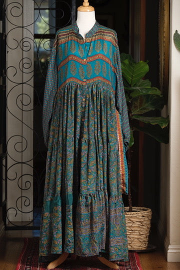 Silk Majestic Duster Dress in Teal Paisley