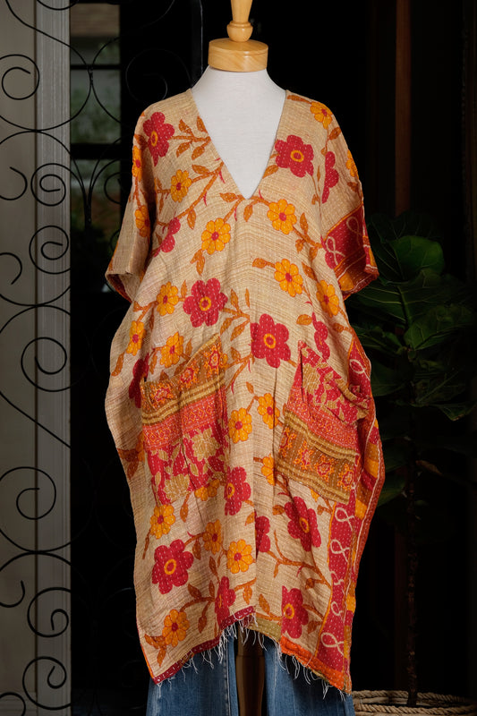 Kantha Split Tunic in Red Yellow Flower