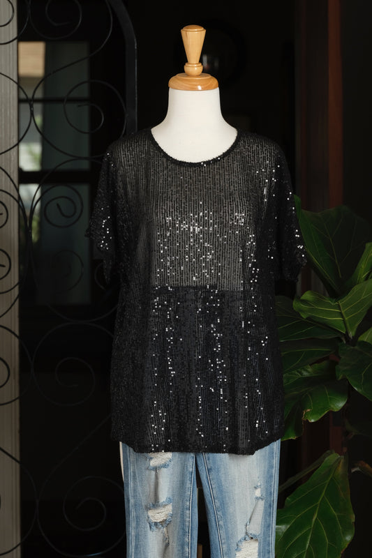 Sequin T Shirt in Inky Black