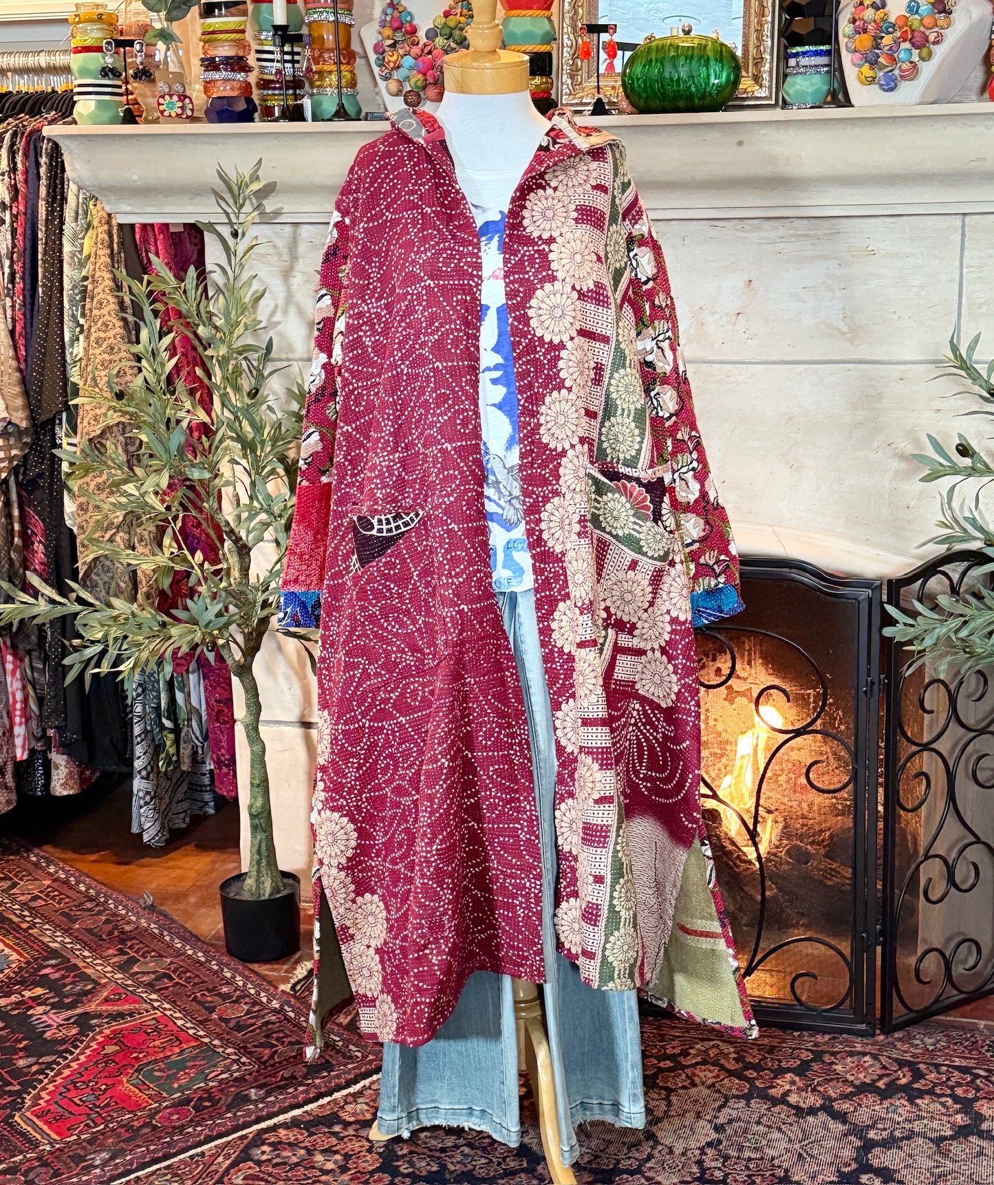 Cozy Kantha Hoodie Coat in Floral Vines