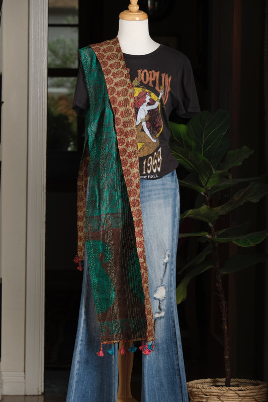Silk Tassel Scarf in Rusted Teal