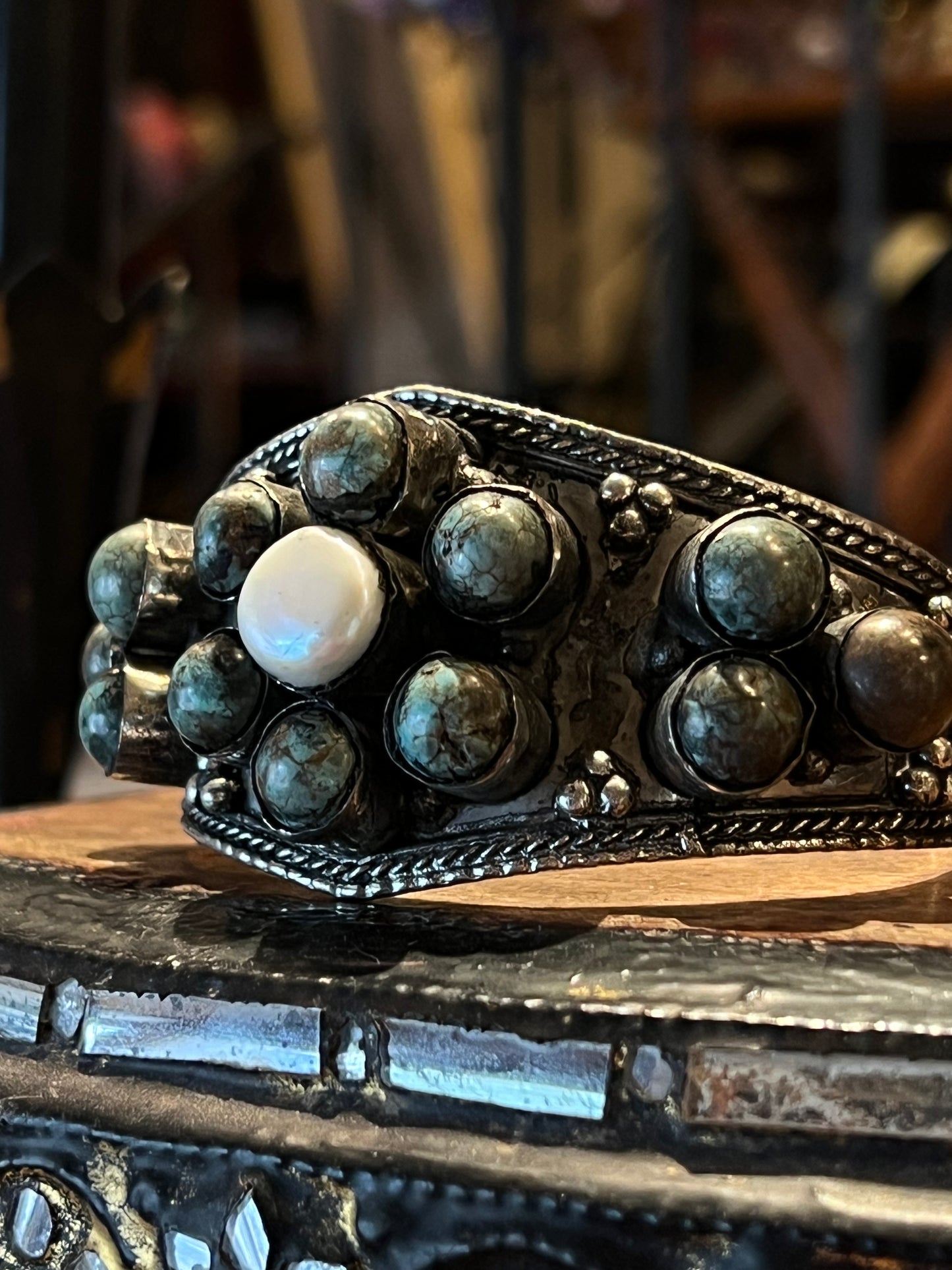 Rustic Turquoise Cuff with Pearl
