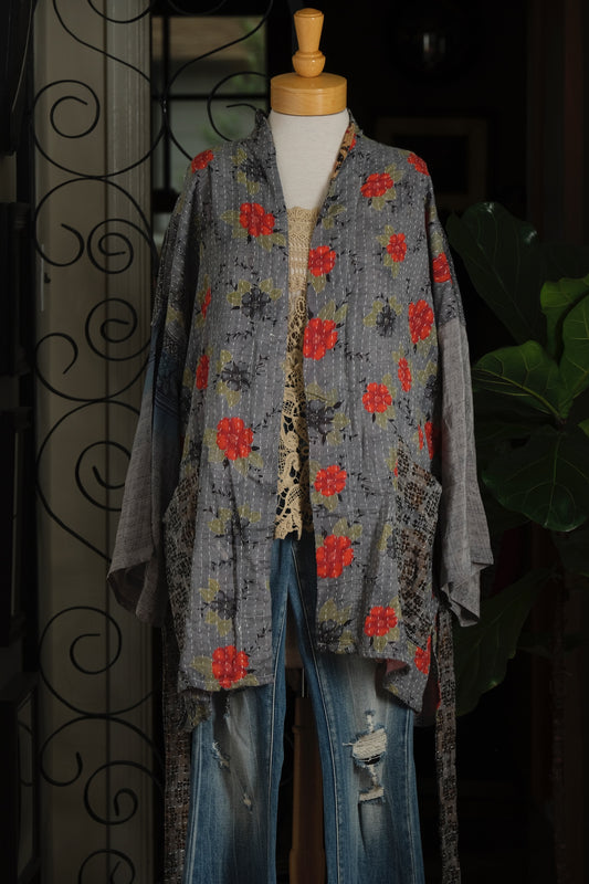 Silk Sleeve Kantha Jacket in Blue Grey Garden