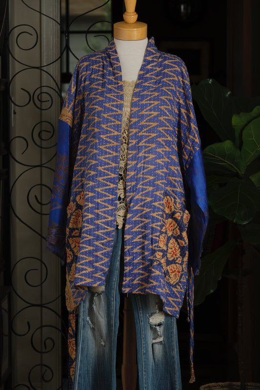 Silk Sleeve Kantha Jacket in Blue Tribe