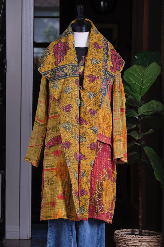 Shawl Collar Kantha Coat in Golden Rose