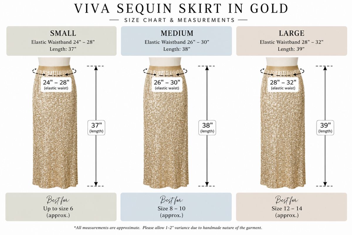 A size and measurement chart for a 'Viva Sequin Skirt in Gold' showing three sizes (Small, Medium, Large) with waistband measurements, lengths (37", 38", 39"), and best fit recommendations.
