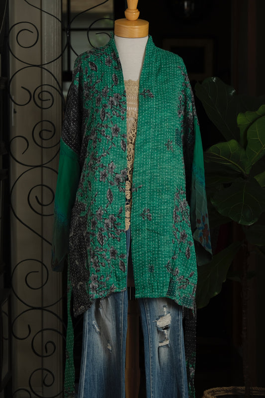 Silk Sleeve Kantha Jacket in Smoked Cherry Blossom