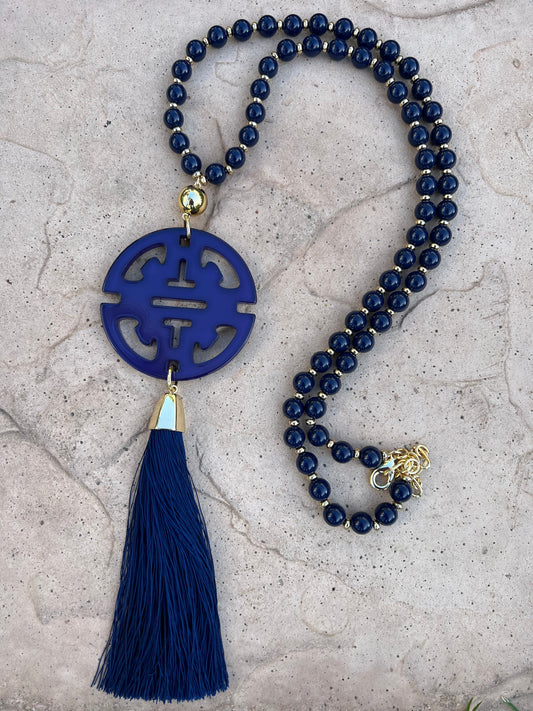 Cherry Blossom Pendant  Necklace in Navy Blue