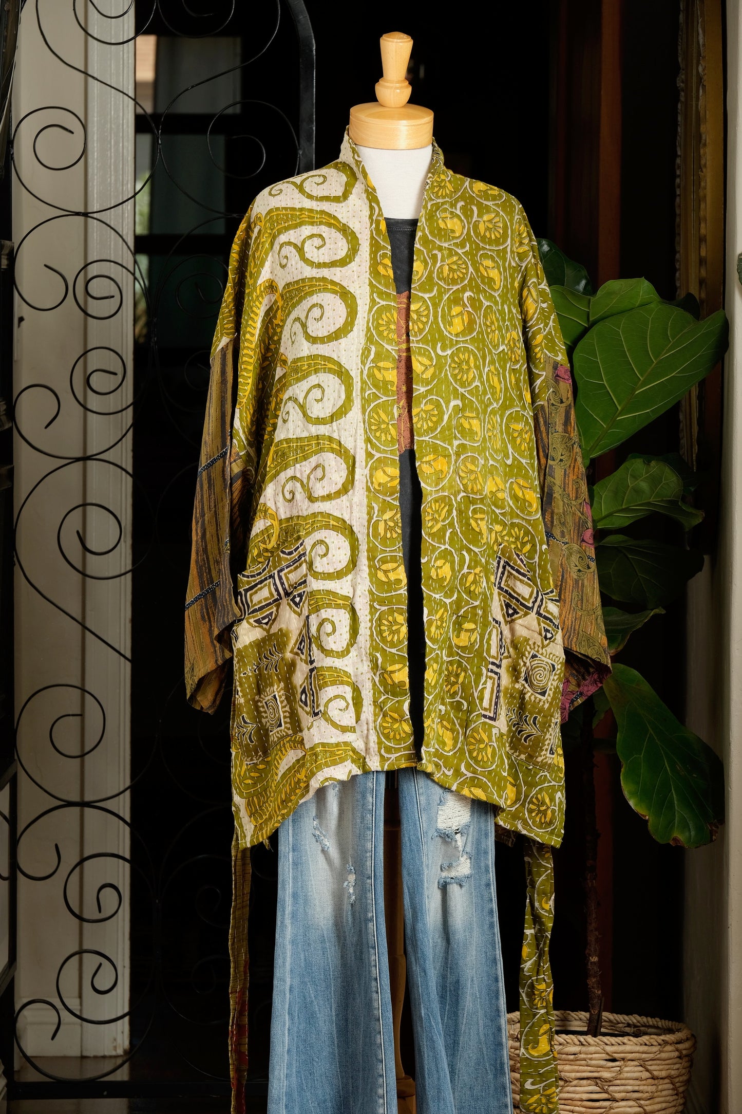 Silk Sleeve Kantha Jacket in Olive Wood