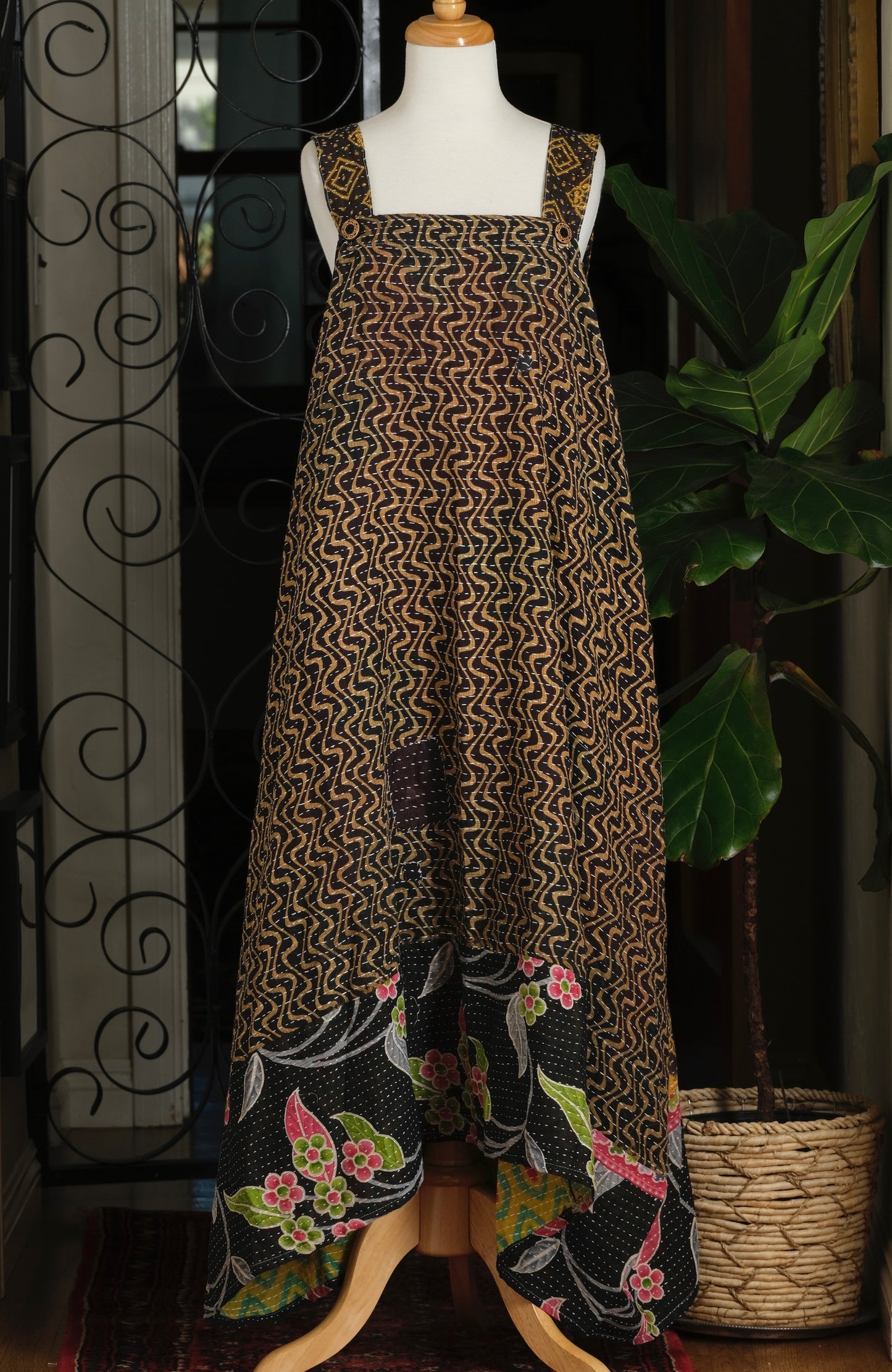 Button Kantha Maxi Dress in Night Flower