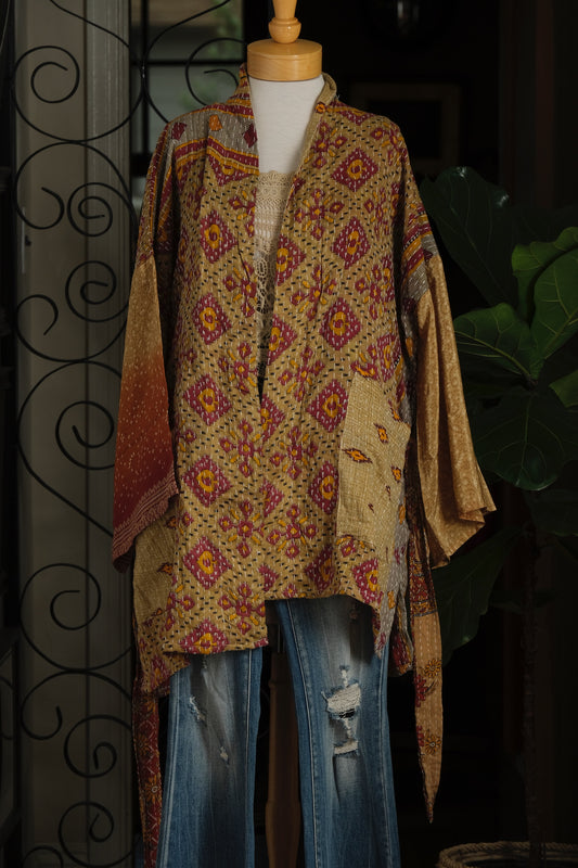 Silk Sleeve Kantha Jacket in Golden Ombre