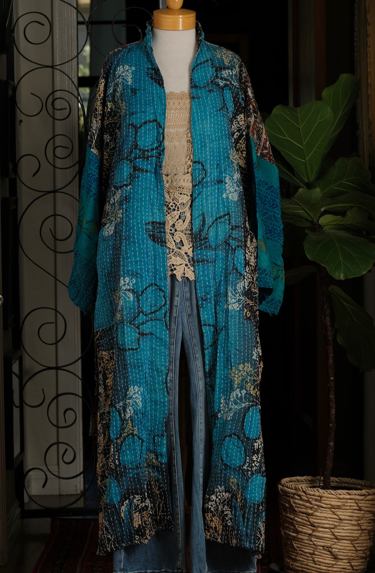 Silk Sleeve Kantha Jacket in Stormy Teal