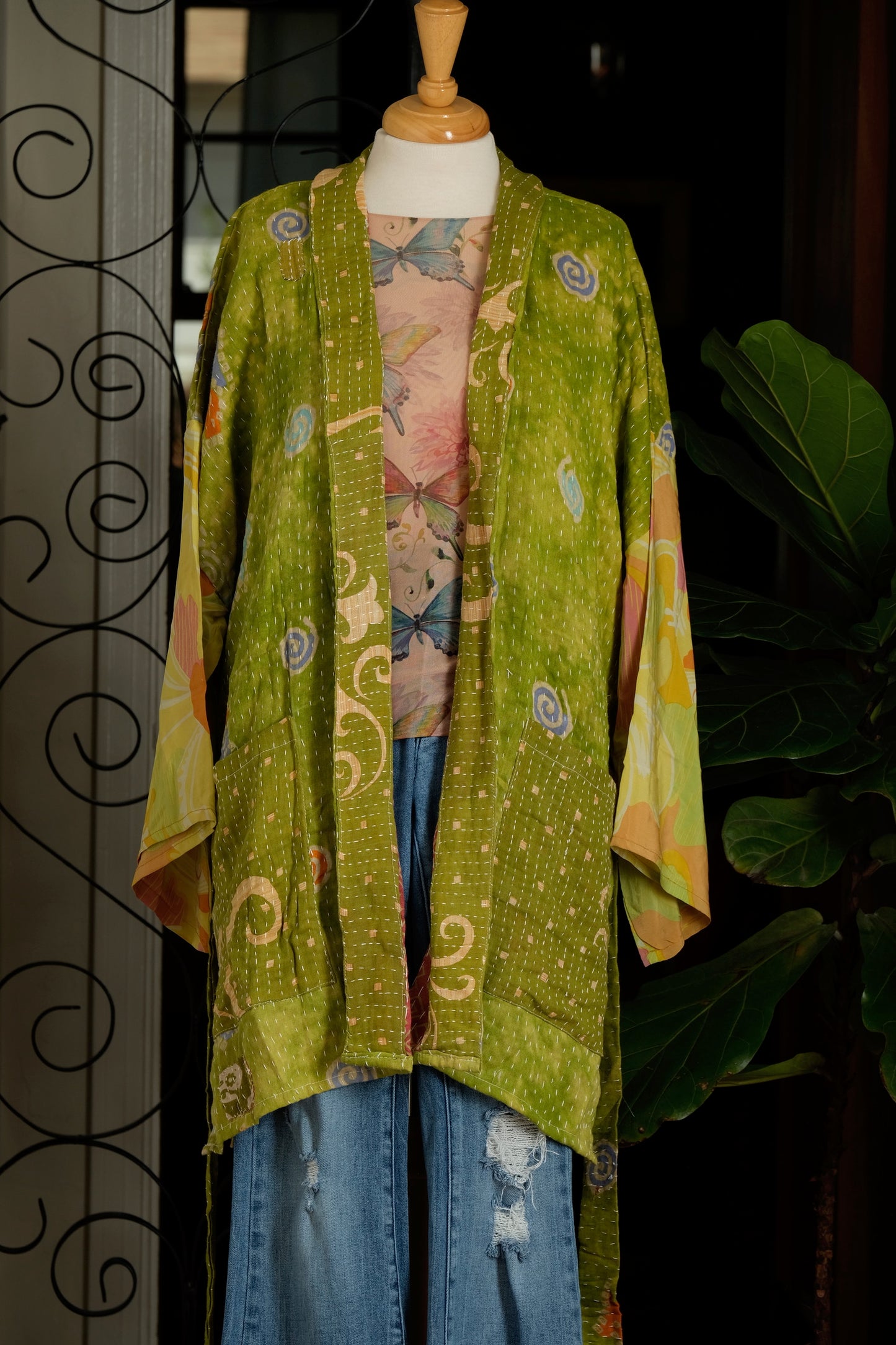 Silk Sleeve Kantha Jacket in Chartreuse Swirl
