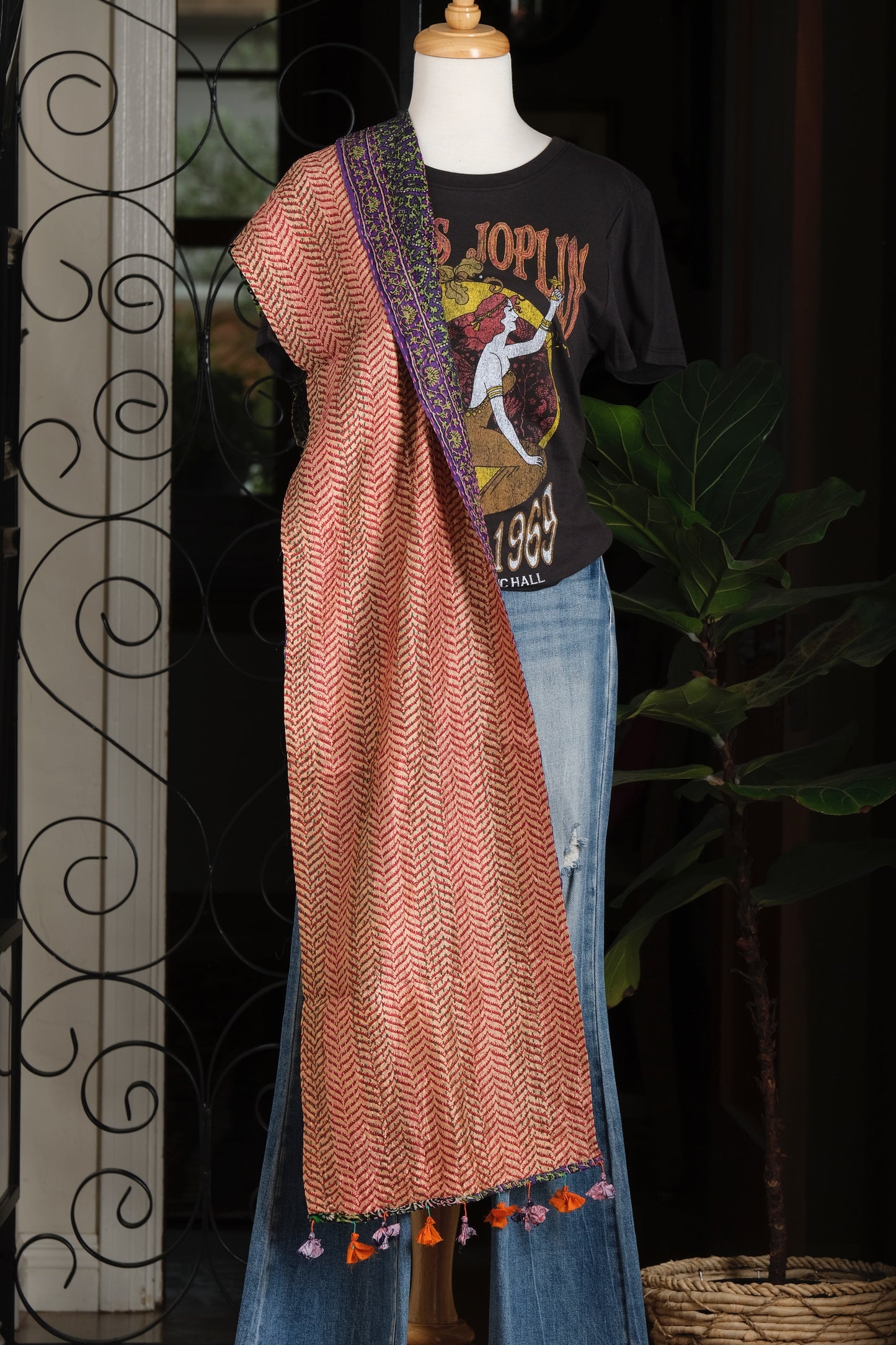 Silk Tassel Scarf in Herringbone