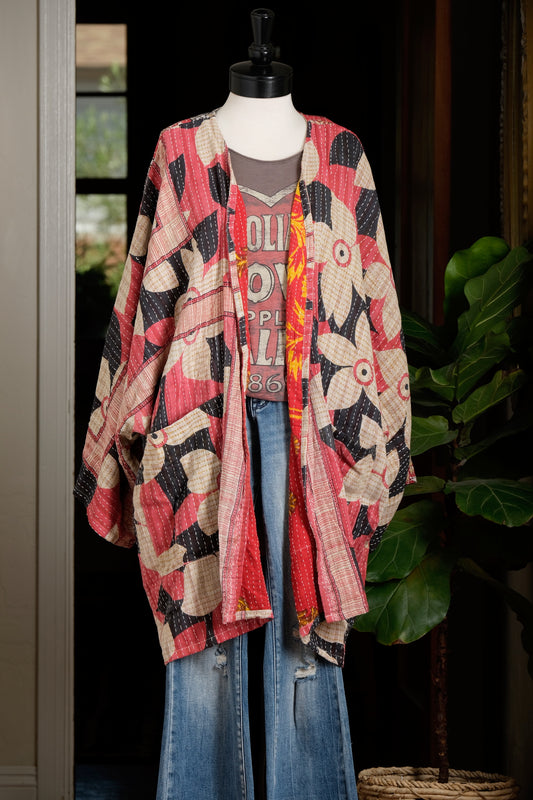 Kantha Coat in Vintage Red Flower