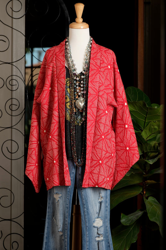 Vintage Kimono in Red Starburst Shibori