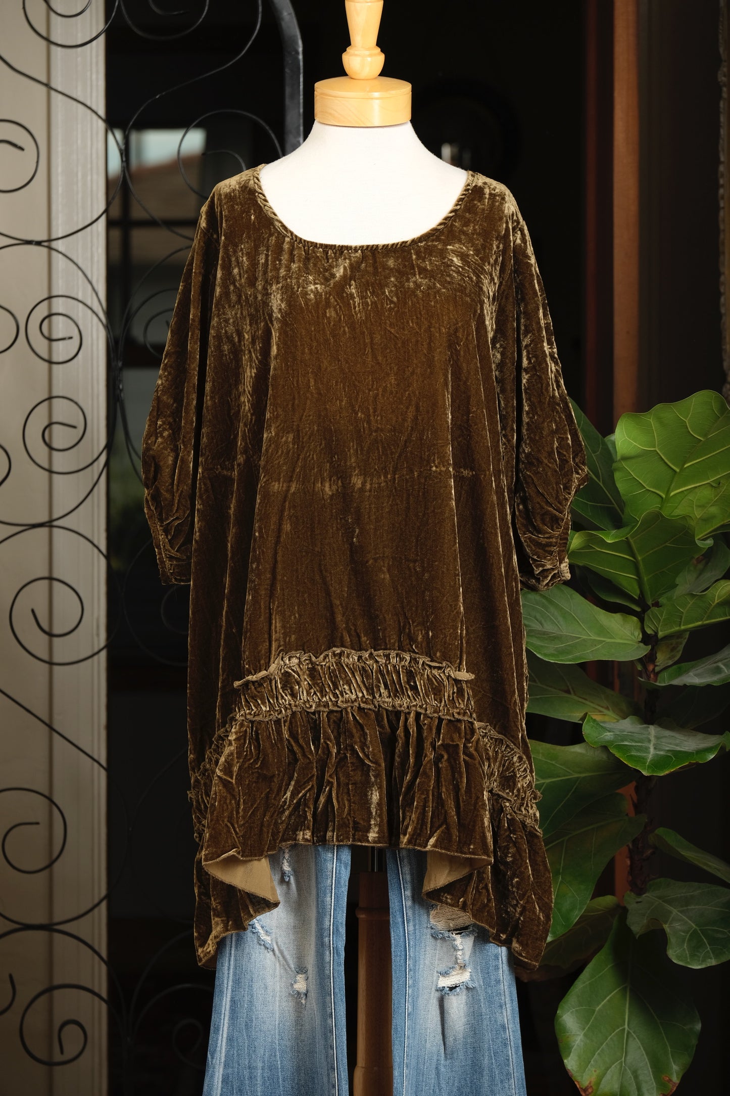 Velvet Ruffle Tunic in Olive