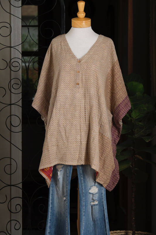 Kantha Button Top in Cotton Wood