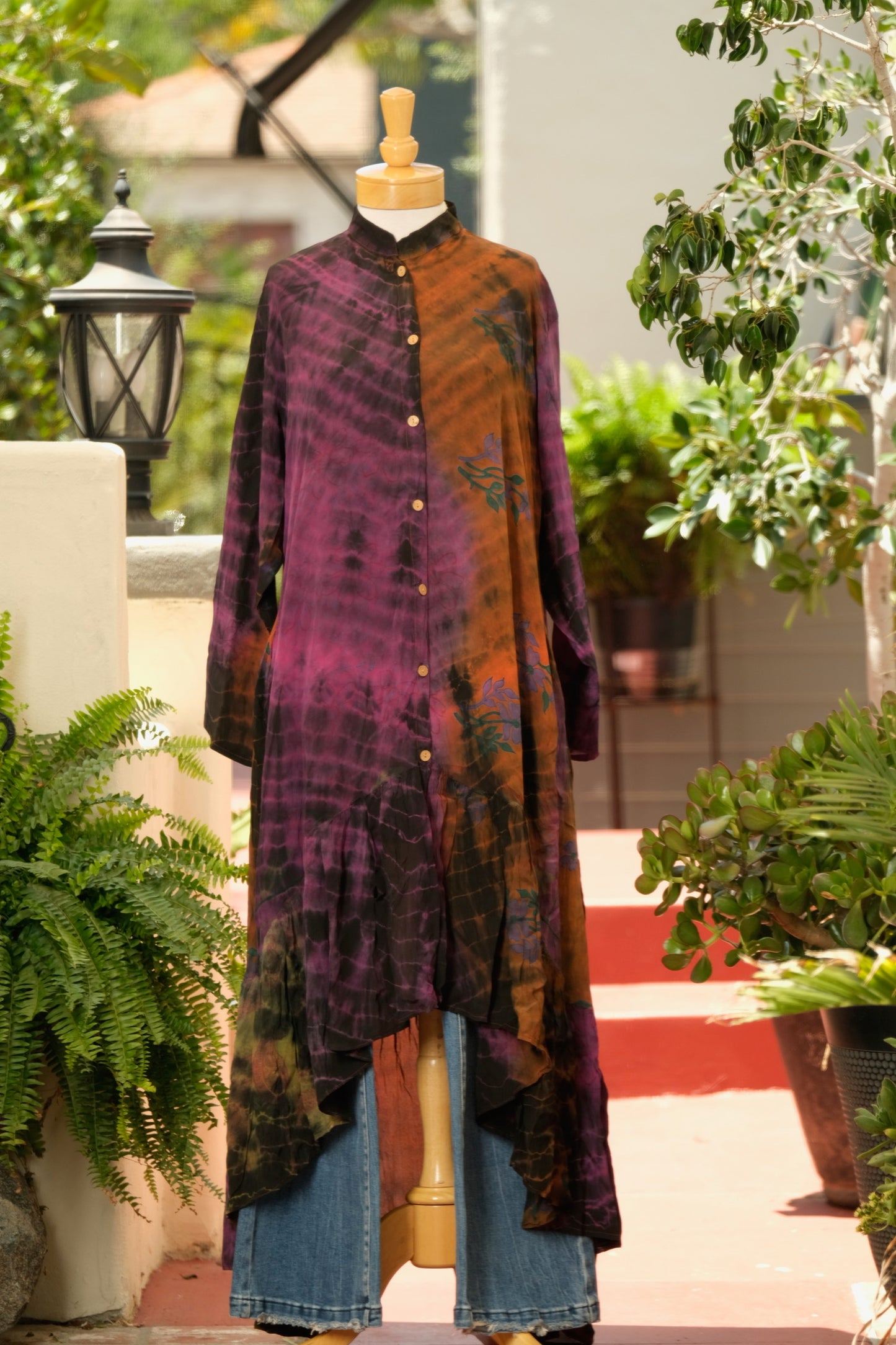 Lotus Duster Dress in Purple Rust Tie Dye