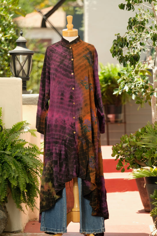 Lotus Duster Dress in Purple Rust Tie Dye