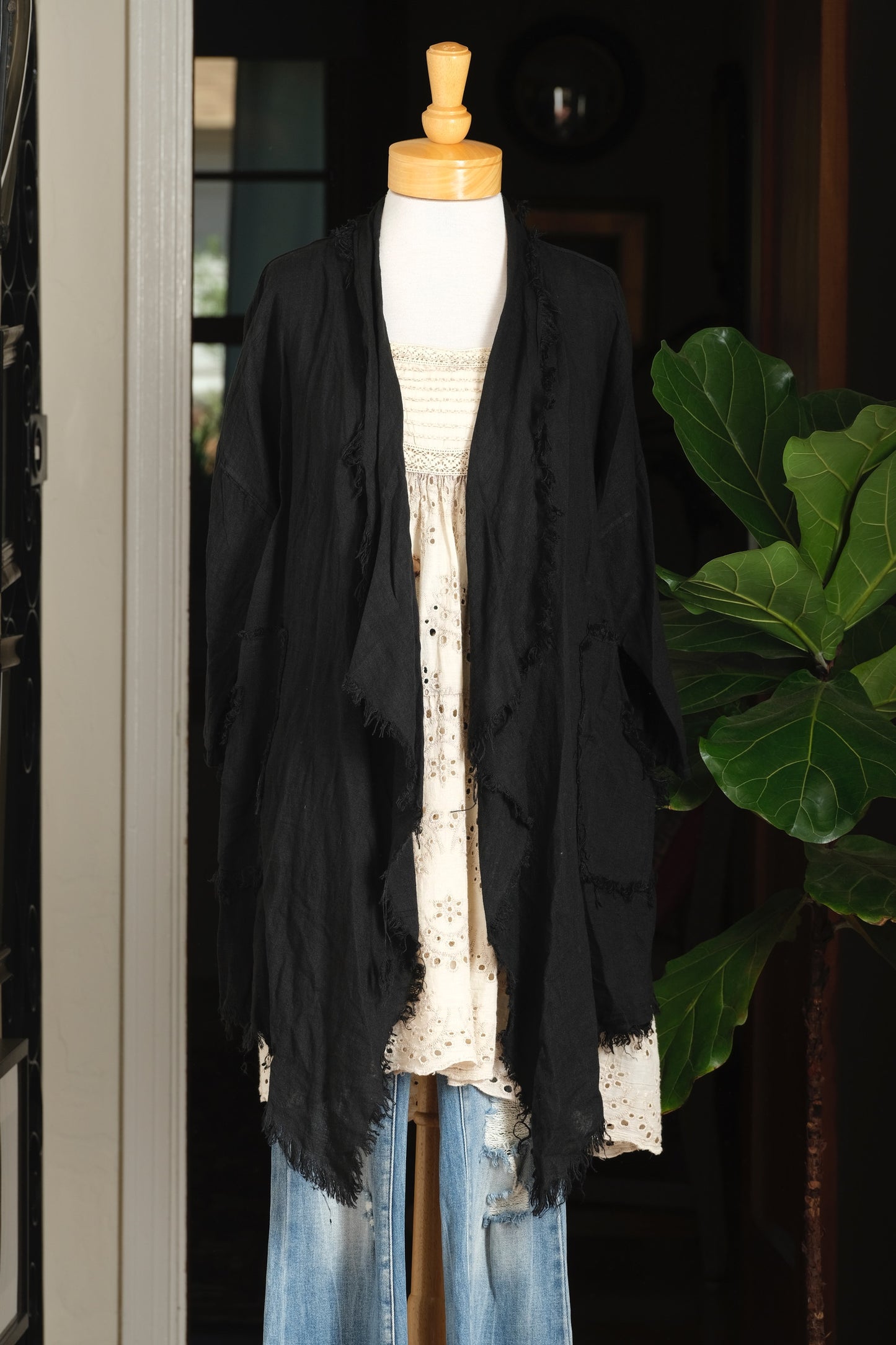 Linen Distressed Cardigan in Black Linen