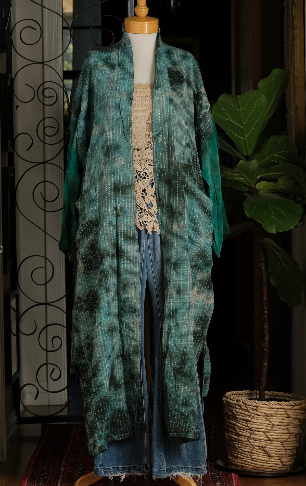 Silk Sleeve Kantha Jacket in Aqua Forest