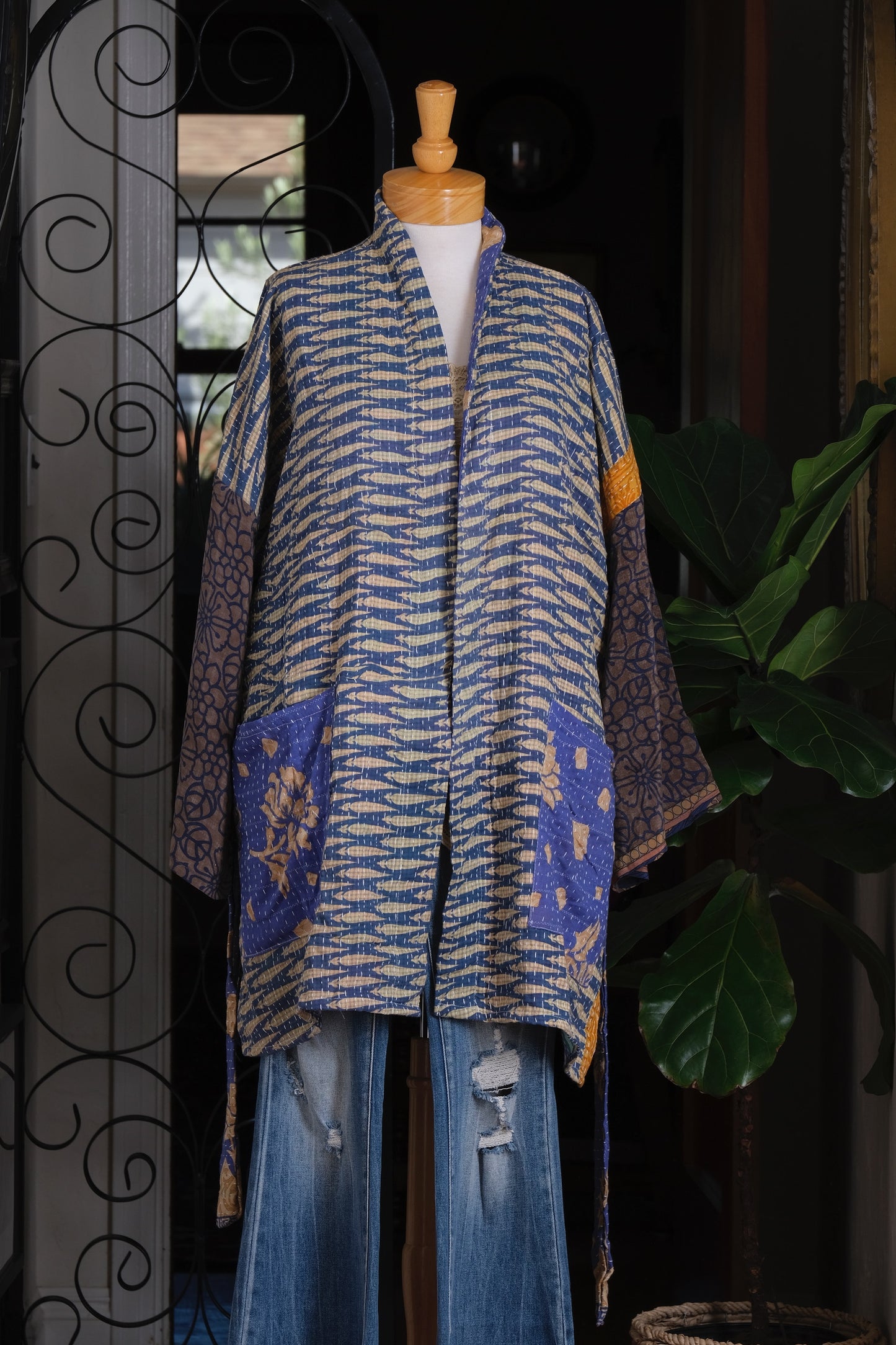 Silk Sleeve Kantha Jacket in Blue Feather