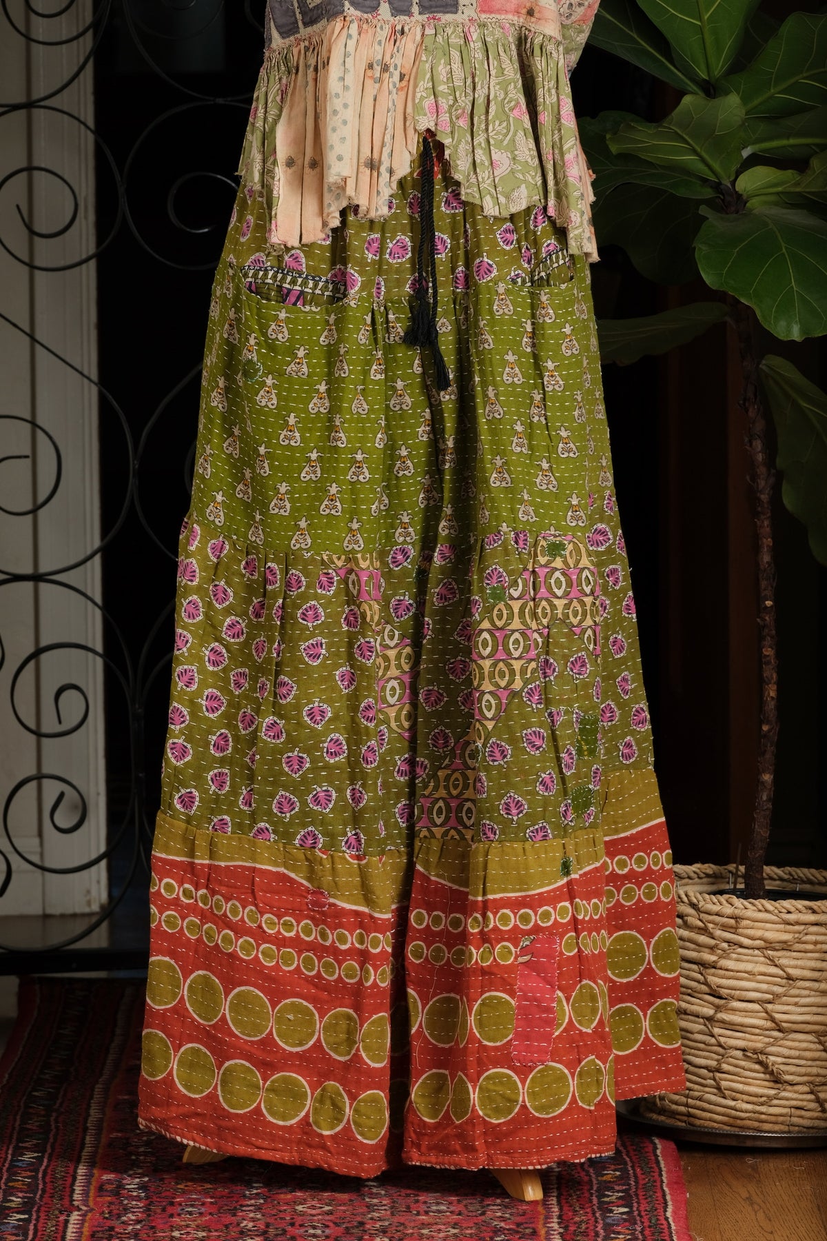 Kantha Pocket Skirt in Green Dot