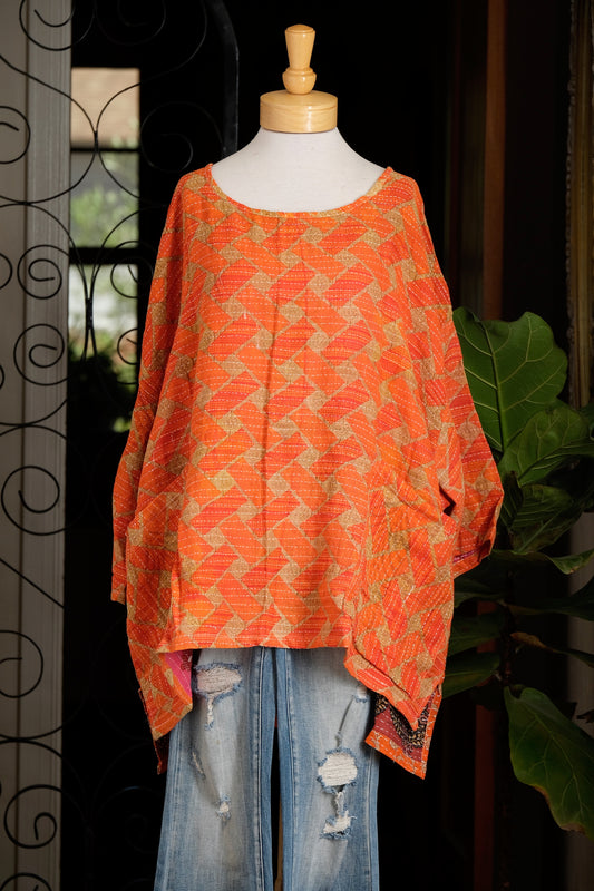 Kantha Pullover in Woven Orange