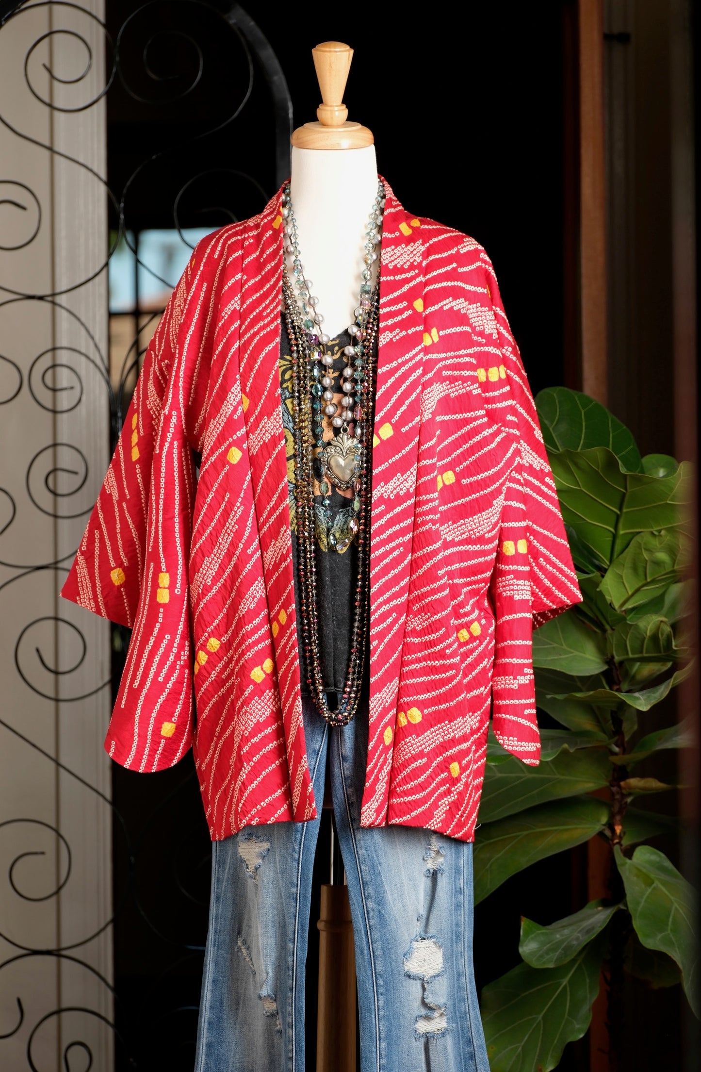 Vintage Kimono in Red Yellow Dot