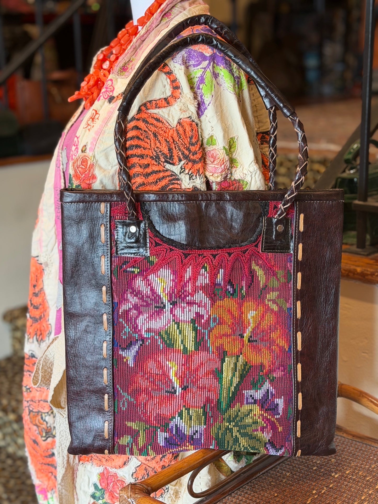 Needlepoint Leather Tote in Morning Glory