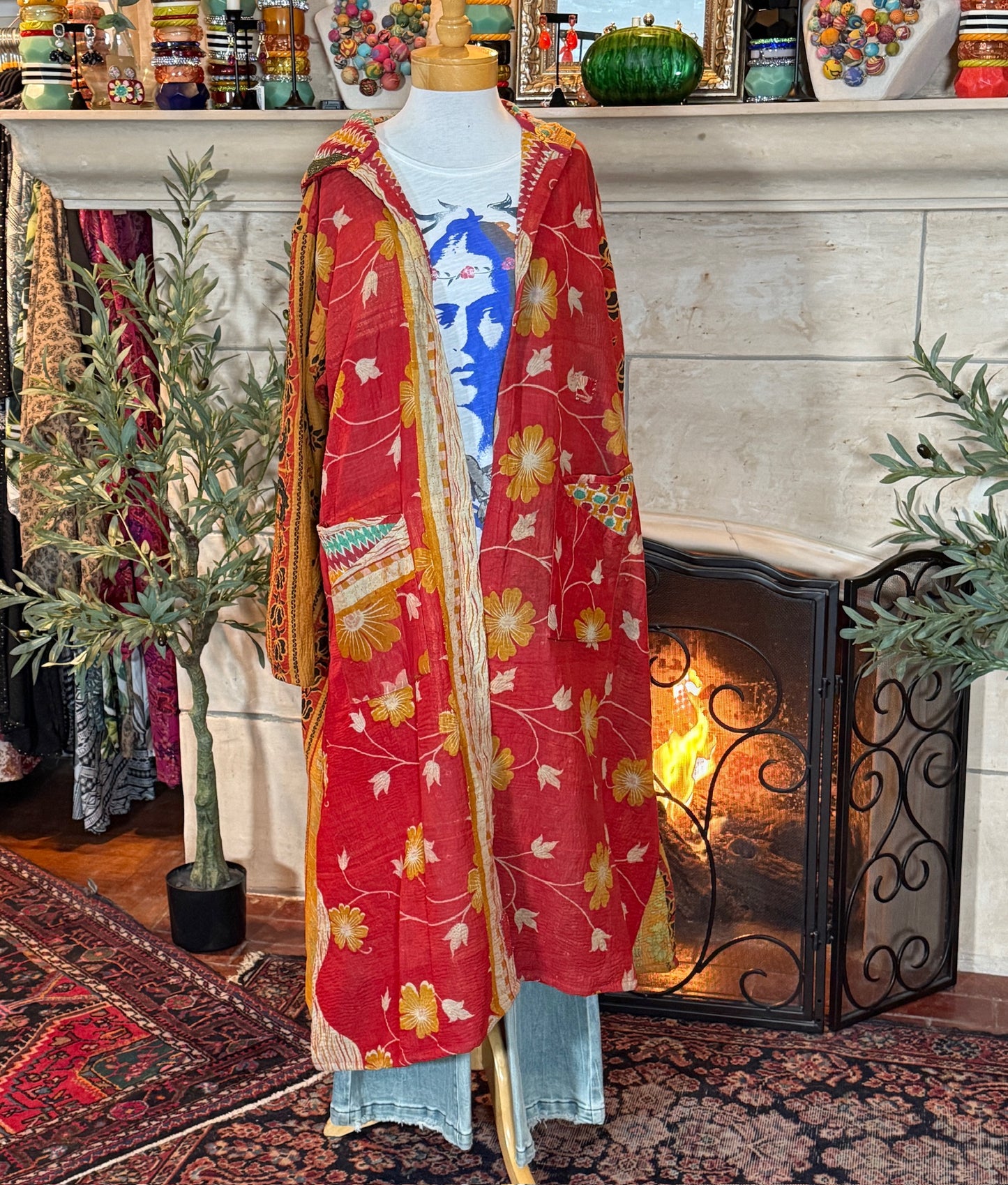 Cozy Kantha Hoodie Coat in Zigzag Floral