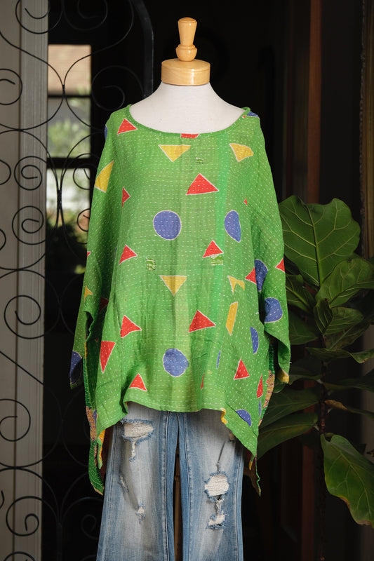 Kantha Pullover in Green Geometrics