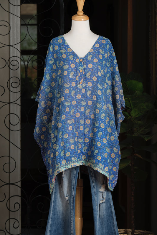 Kantha Button Top in Field of Blue