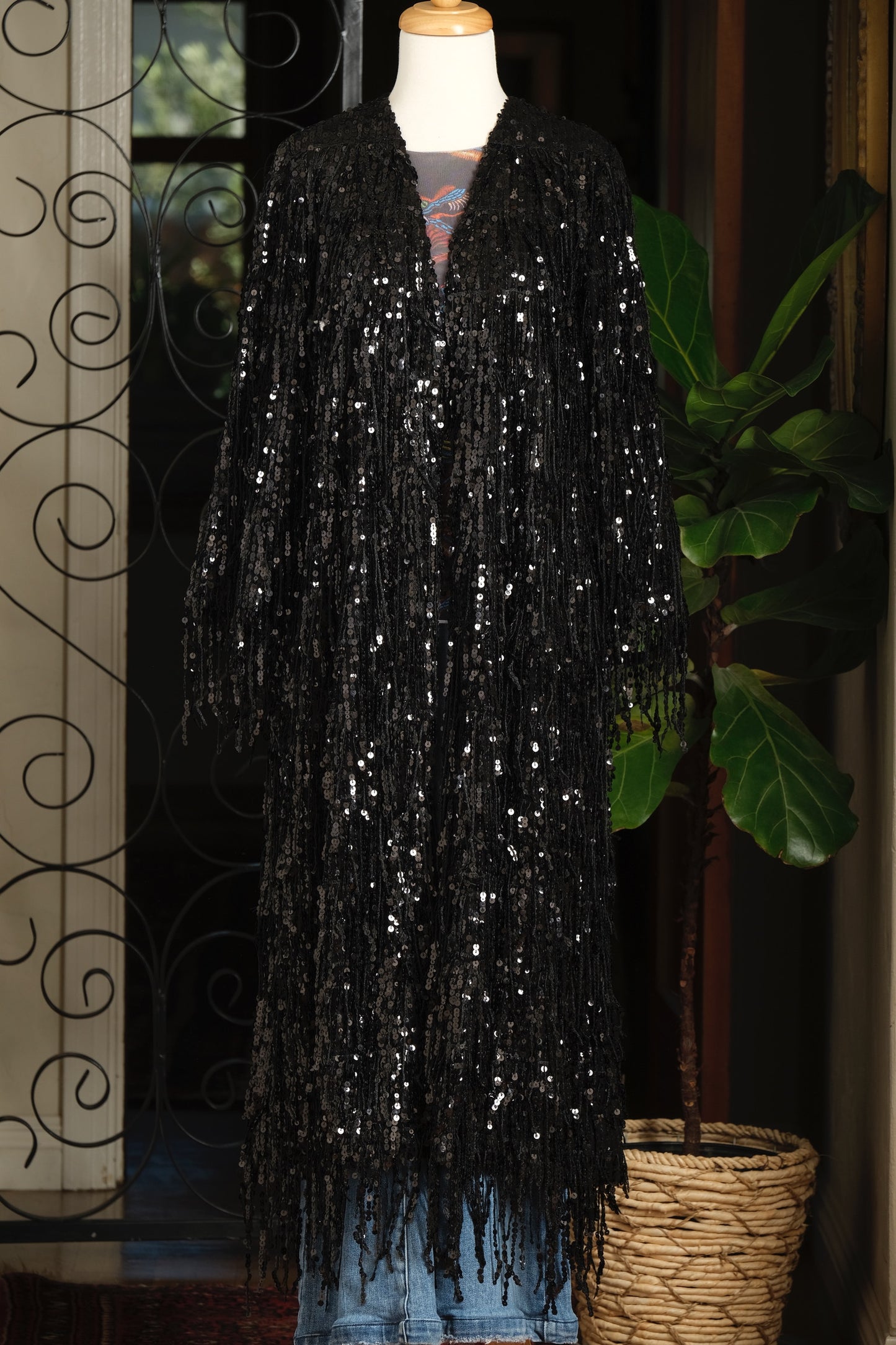 Sequin Fringe Coat in Black