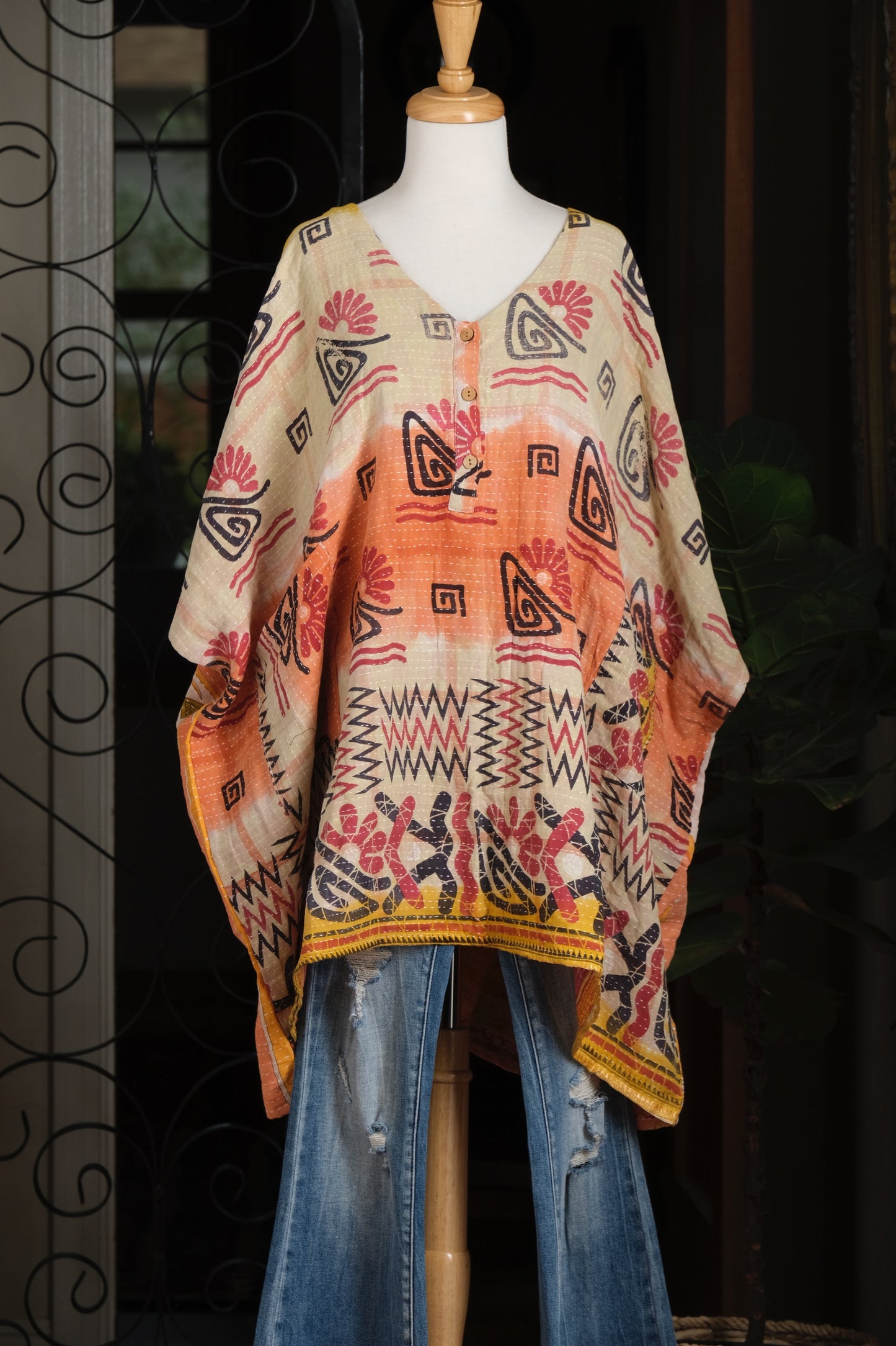 Kantha Button Top in Natural Orange