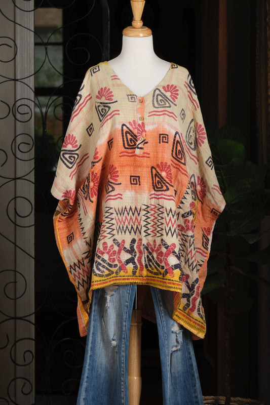 Kantha Button Top in Natural Orange