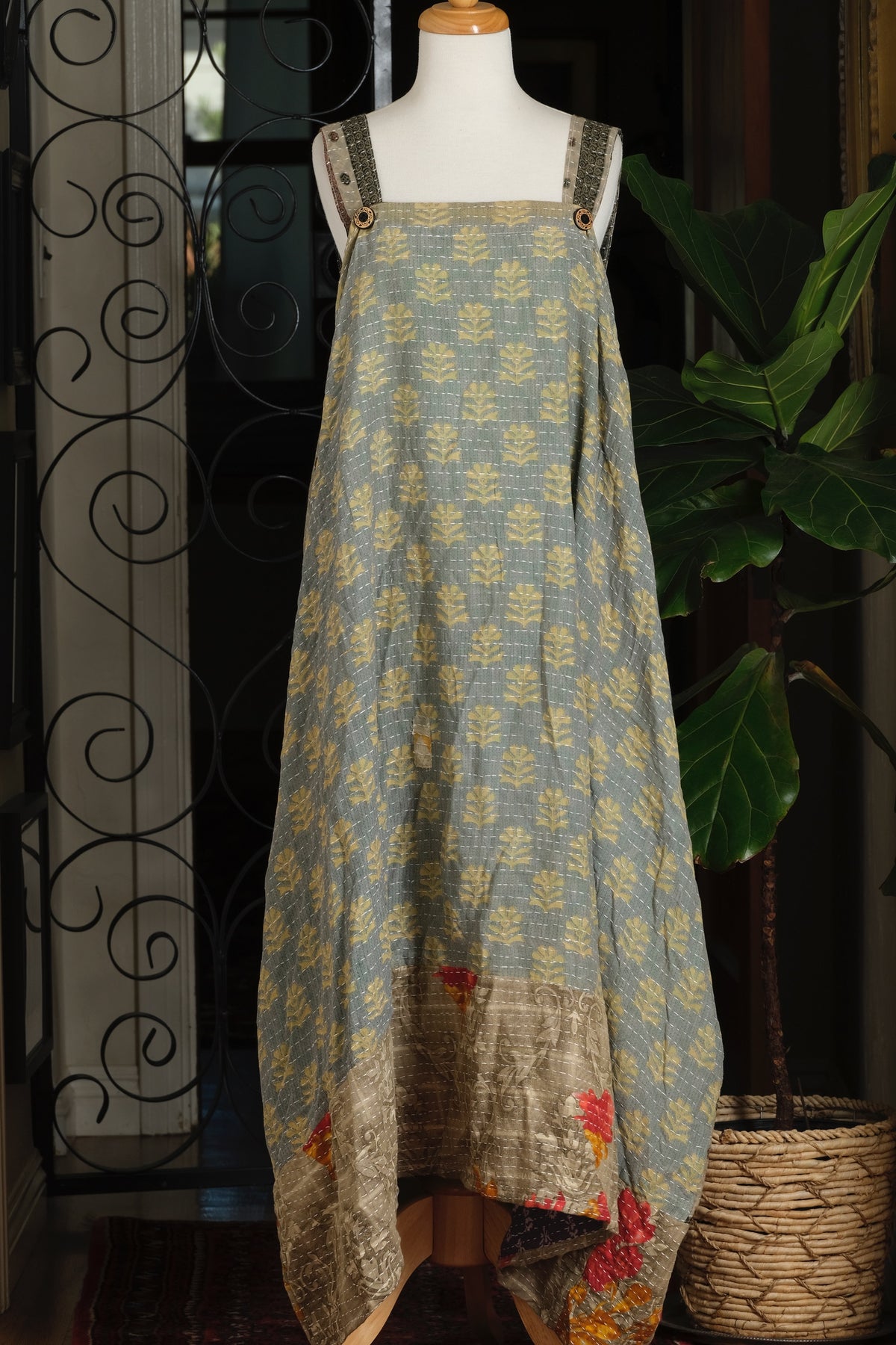 Button Kantha Maxi Dress in Blue Antiquity