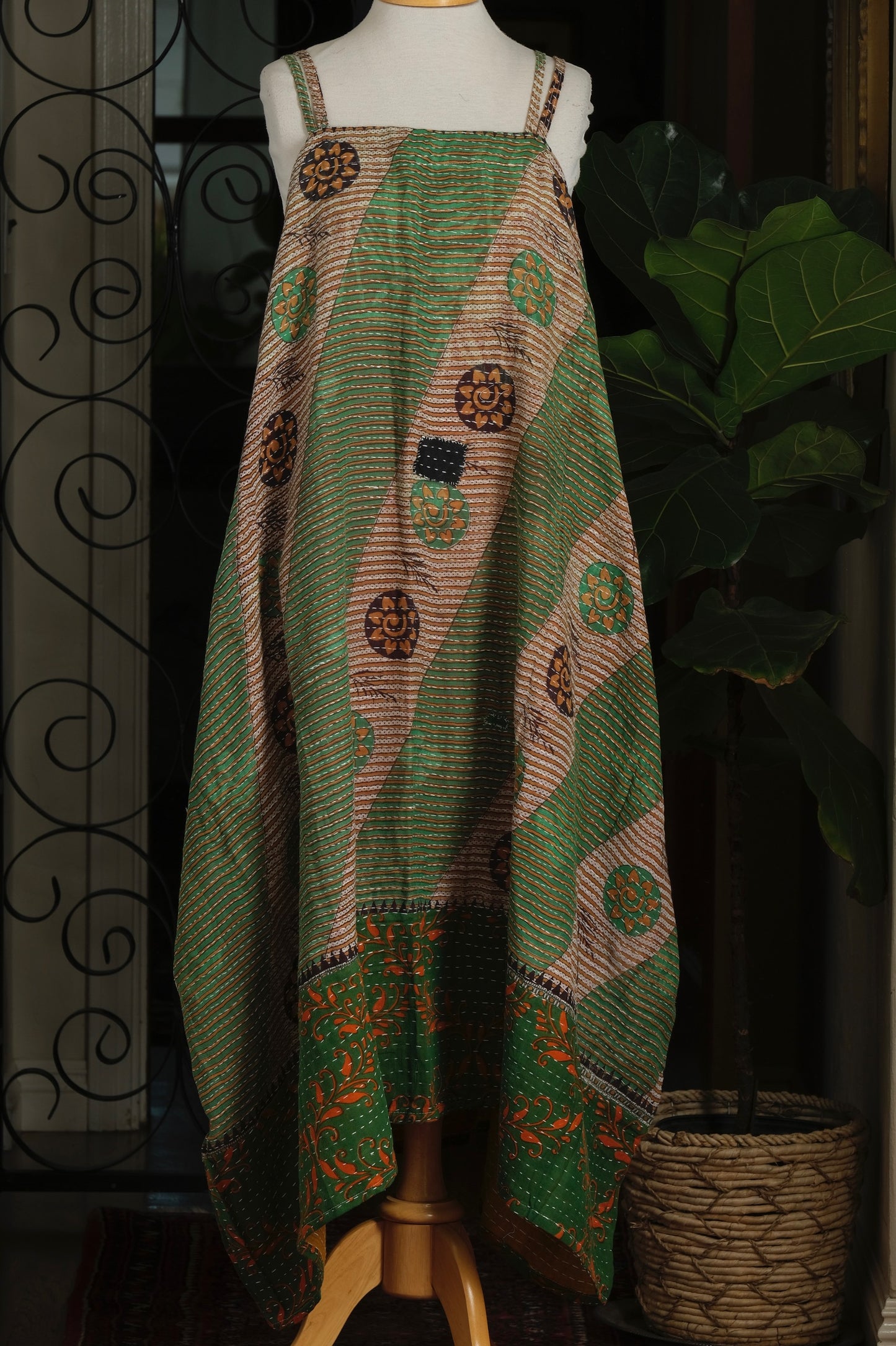 Kantha Maxi Dress in Green Stripe