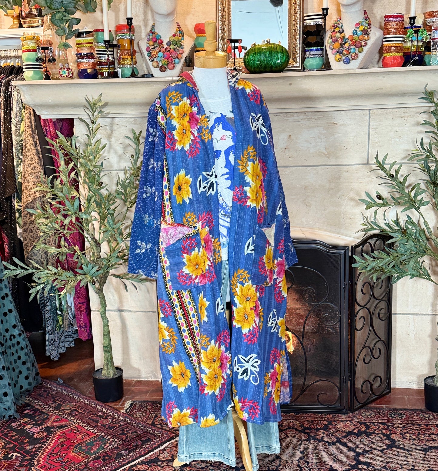 Cozy Kantha Hoodie Coat in Floral Blues