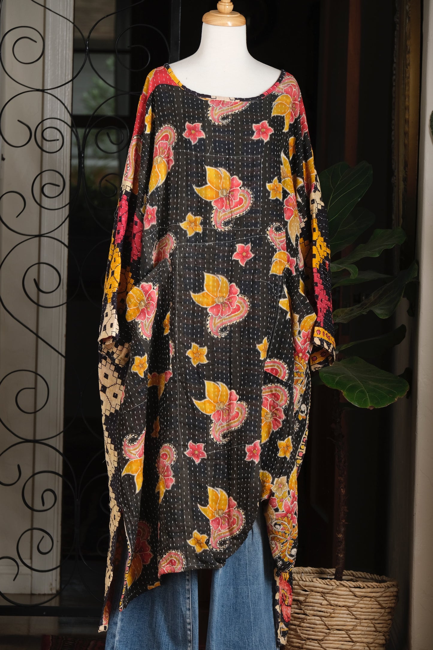 Kantha Pocket Dress in Red Leaf