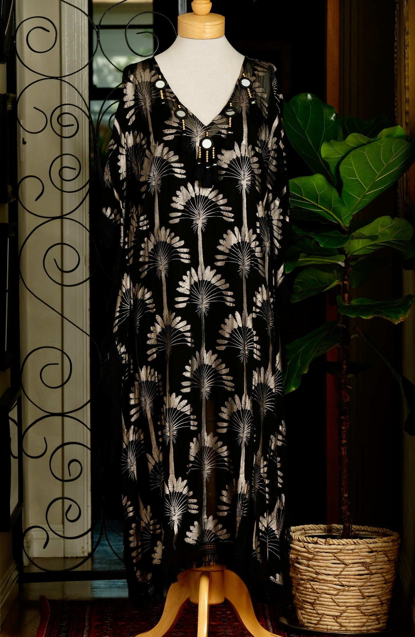 Deco Palm Caftan in Black Silver