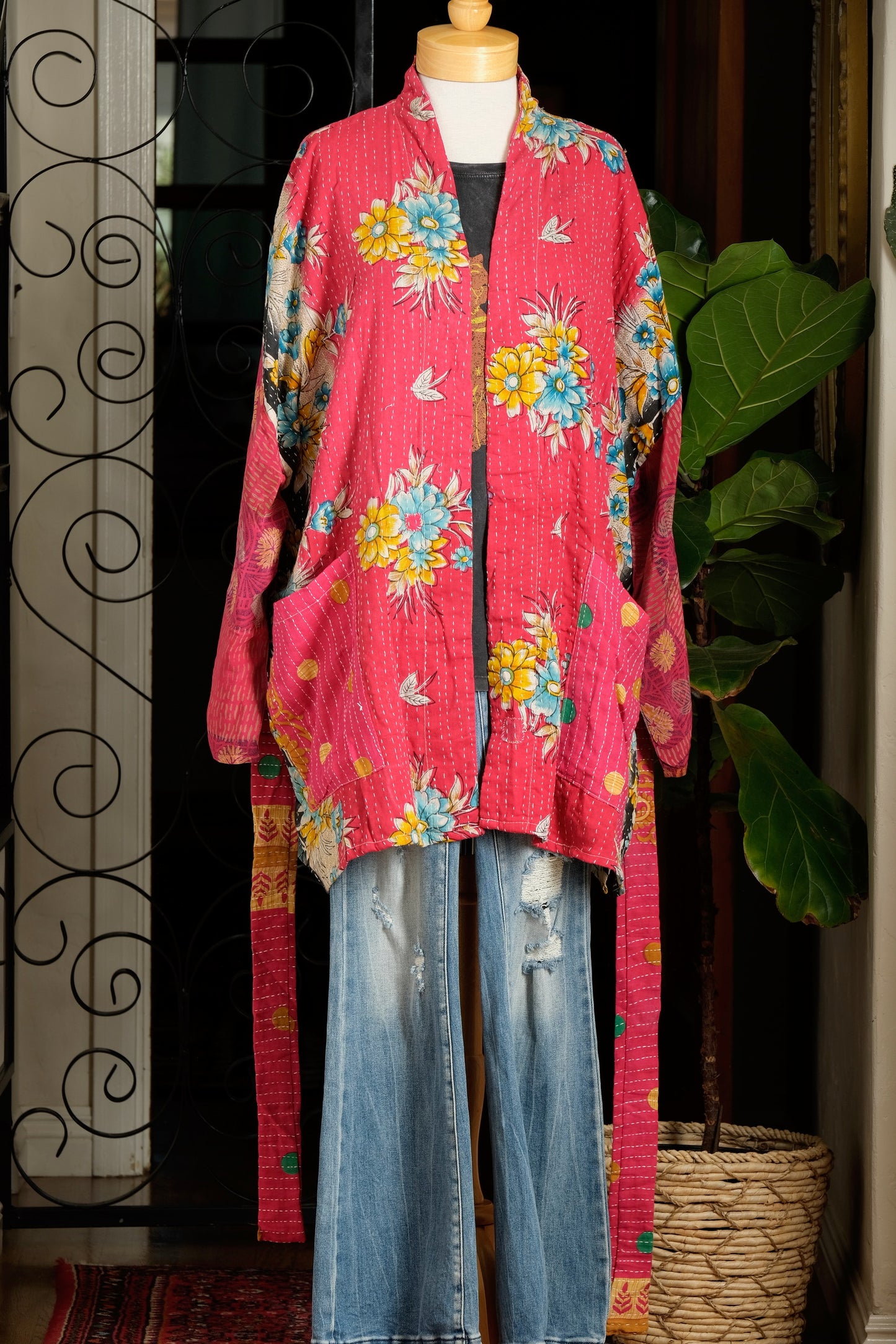 Silk Sleeve Kantha Jacket in Hypnotic Garden
