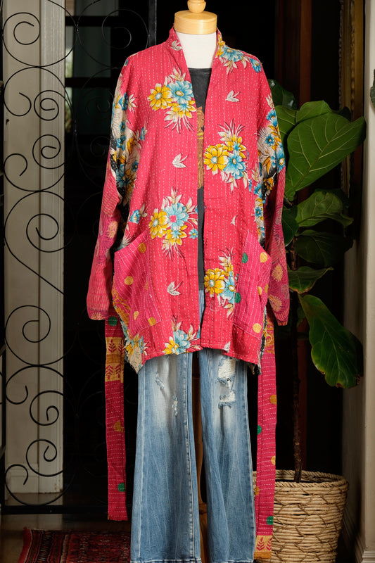 Silk Sleeve Kantha Jacket in Hypnotic Garden