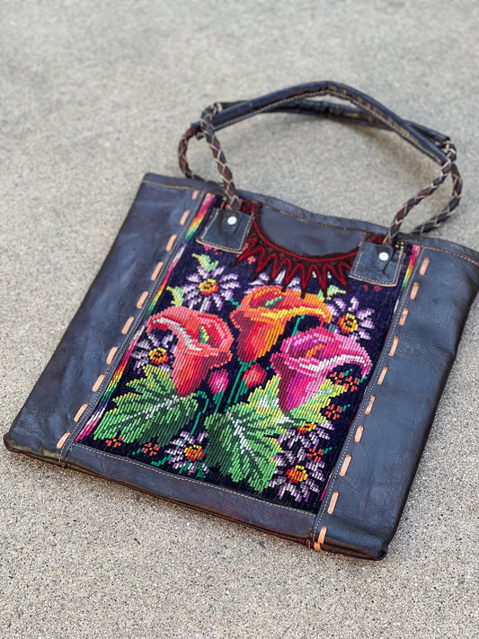 Needlepoint Leather Tote in Flame Lily