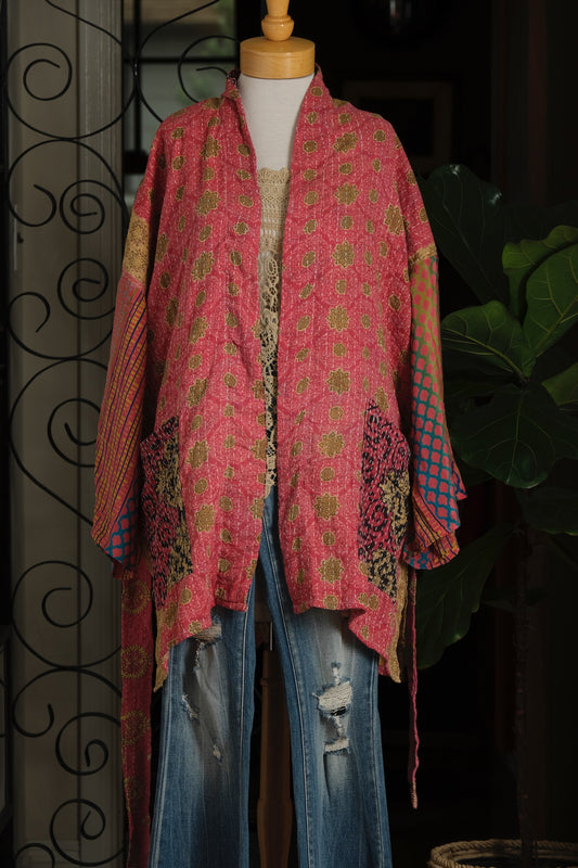 Silk Sleeve Kantha Jacket in Pink City