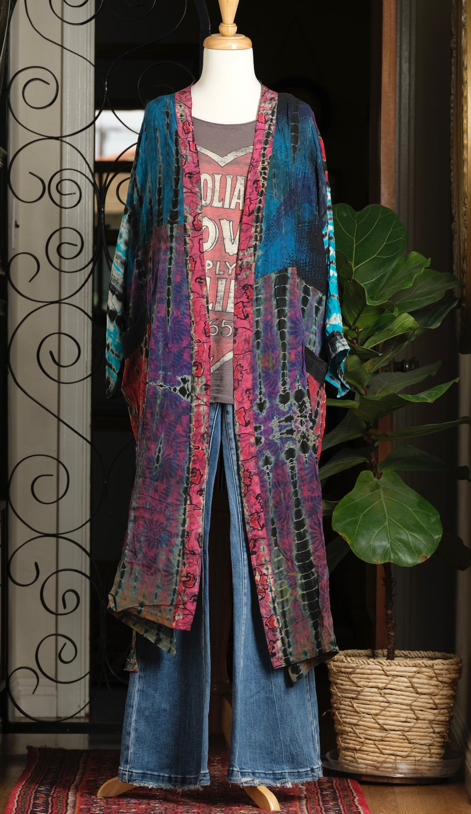 Long Open Duster Jacket in Teal & Red Print  YL- 47 main image 0