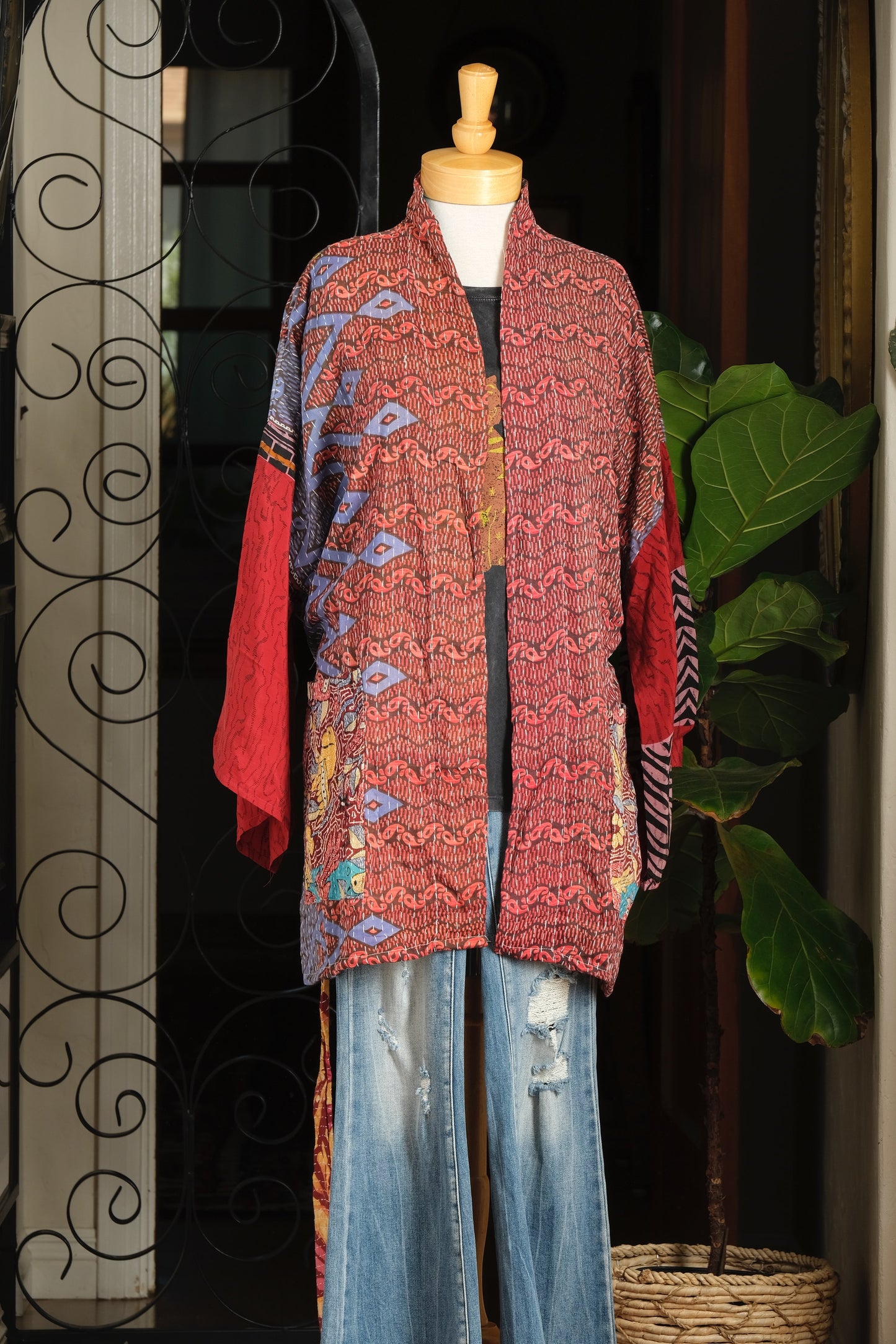 Silk Sleeve Kantha Jacket in Blue Meridian