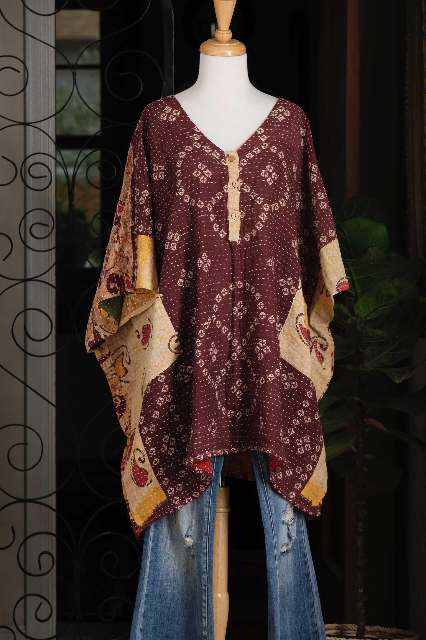 Kantha Button Top in Aubergine