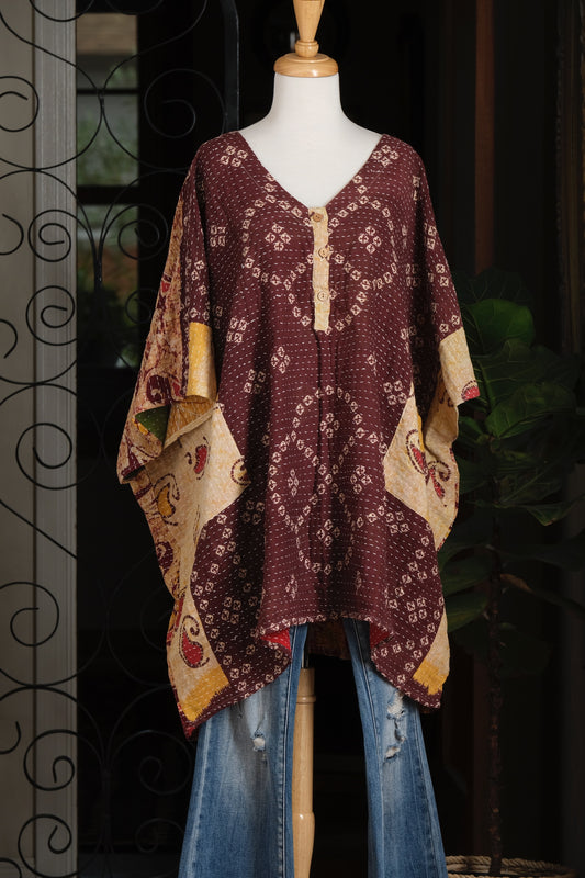 Kantha Button Top in Aubergine